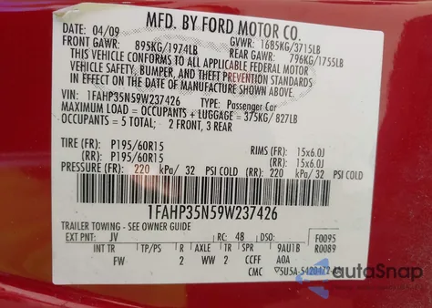 2009 Ford Focus Se z USA, uszkodzony, nr VIN 1FAHP35N59W237426